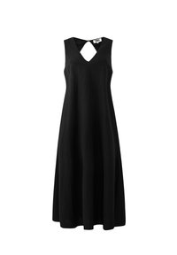 Schwarzes ärmelloses Kleid mit V-Ausschnitt und Schlüsselloch-Rücken, mit einer lockeren, A-Linien-Silhouette und weichem Stoffgefühl.