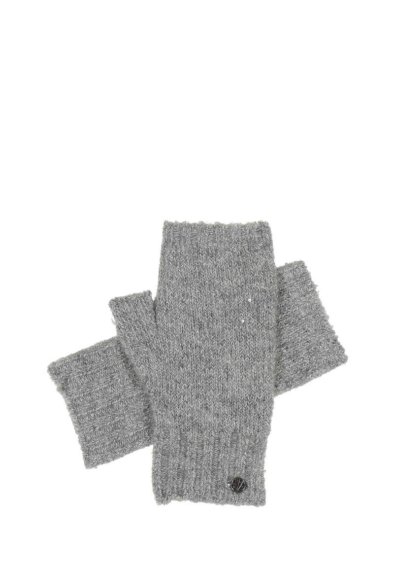Mânuși fără degete, tricotate, de culoare gri, cu manșete ribbate și un mic accent logo. Textura este moale, cu un model ușor neregulat.