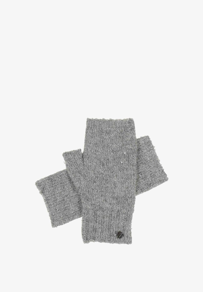 Hallide, kudumata randme ilma sõrmedeta kindad, millel on soonikkoes mansetid ja väike logo aktsent. Tekstuur on pehme ja veidi ebaühtlase mustriga.