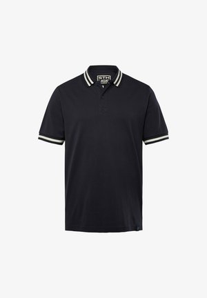 Navy Polo-Shirt aus Baumwolle mit einem kontrastierenden Kragen und Ärmeln in Weißstreifen, Zwei-Knopf-Leiste und geradem Schnitt.
