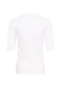 White ribbed knit top with three-quarter length sleeves, round neckline, and a textured finish. Simple design without embellishments.