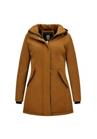 Bruine, hooded jas met een ritssluiting, voorzien van twee zijzakken, een gladde textuur en zwarte manchetten. Label toont een doodskopontwerp.