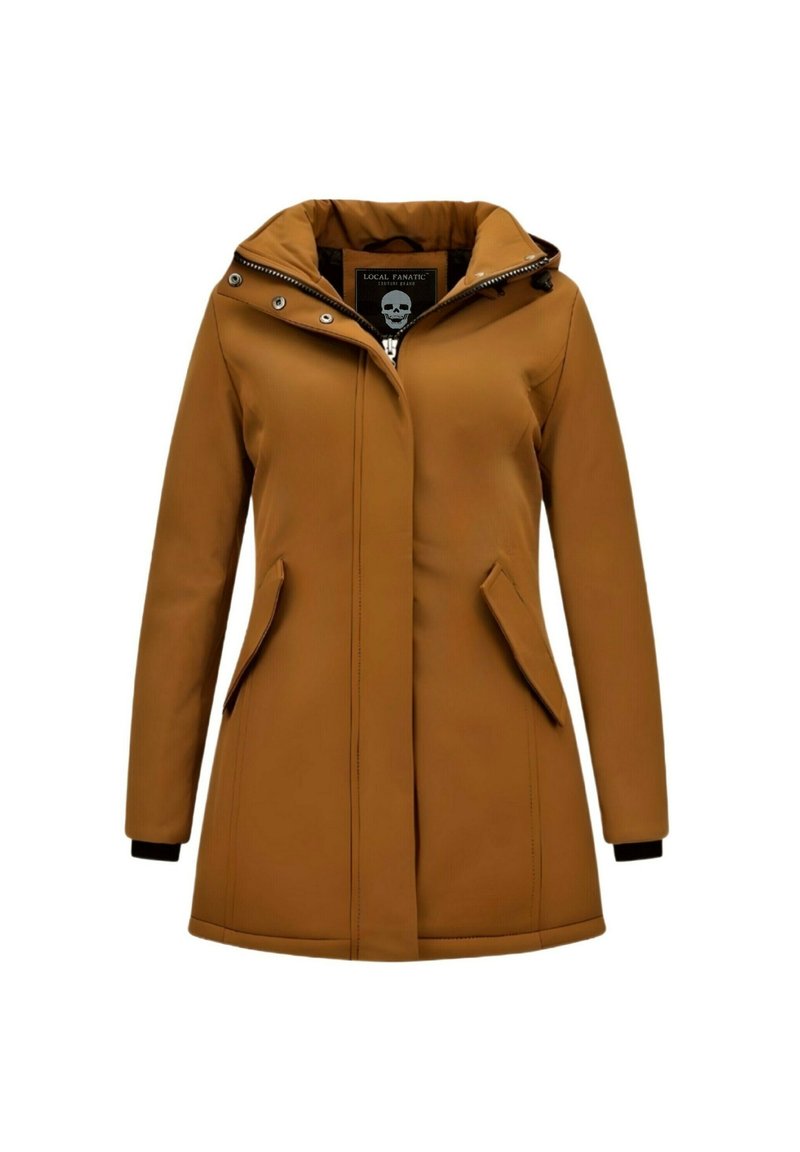 Bruine, hooded jas met een ritssluiting, voorzien van twee zijzakken, een gladde textuur en zwarte manchetten. Label toont een doodskopontwerp.