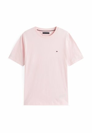 T-shirt in cotone rosa con scollo girocollo, maniche corte e un piccolo logo sul petto. Tessuto morbido, vestibilità comoda.