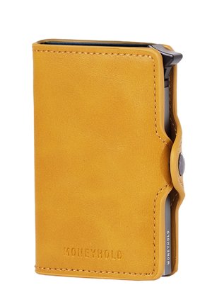 Yellow leather wallet with a smooth texture, featuring a snap closure and side pocket for cards, embossed branding on the front.