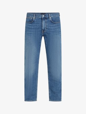 Jeans in denim blu a gamba dritta con cinque tasche, chiusura a bottone e zip, e pietre di usura leggere sulle cosce.