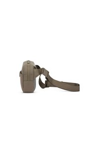 Taschenformat in Tan aus strukturiertem Material, mit Reißverschluss, verstellbarem Riemen und seitlichem Netzfach. Kompaktes, ergonomisches Design.