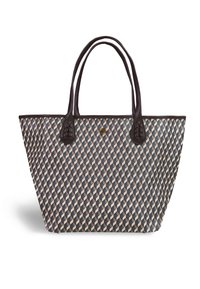 Tote-väska med ett geometriskt mönstrat tyg i beige, marinblått och grått. Har mörkbruna handtag och texturerade detaljer på sidorna.