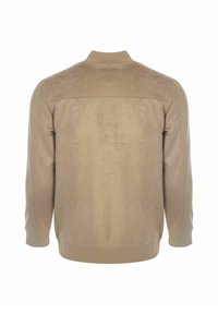 Giacca bomber color sabbia con una finitura liscia simile al suede, colletto e polsini a coste; presenta un design minimalista senza hardware o motivi visibili.