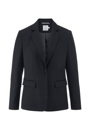 Zwarte blazer met een enkele knoopsluiting, gesneden revers, twee voorzakken en een gladde textuur. Getailleerd ontwerp met een gestructureerde pasvorm.