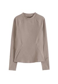 Sudadera de manga larga en tono topo claro, con cuello redondo, mangas raglán y costuras curvadas. Fabricada en un tejido suave y texturizado.