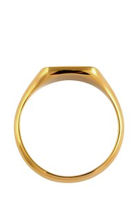 Goldfarbener Metallring mit einer eleganten, glatten Oberfläche. Verfügt über ein leicht verjüngtes Design und einen breiten Ring, der das Licht reflektiert. Keine Verzierungen.