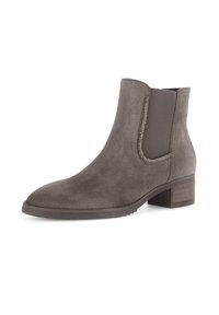 Botte de cheville en suède gris avec un bout arrondi, des panneaux latéraux élastiques et des coutures décoratives. Talon bas empilé et semelle extérieure texturée.