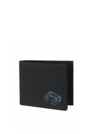 Black bifold wallet with a small blue crab illustration featuring red spots on the front lower right corner.