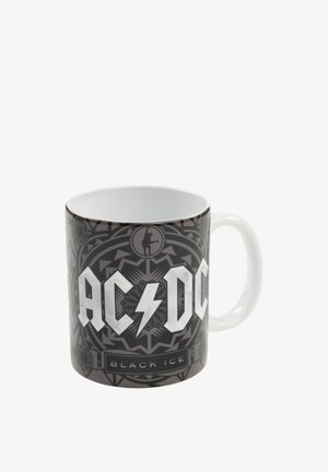 AC/DC mug featuring a black and gray design with a lightning bolt, circular patterns, and "BLACK ICE" text on a glossy finish.
