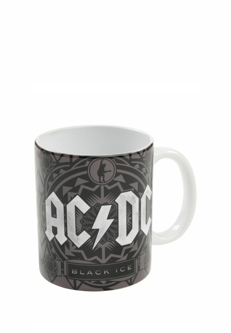 Tazza AC/DC con un design nero e grigio che presenta un fulmine, motivi circolari e la scritta "BLACK ICE" su una finitura lucida.