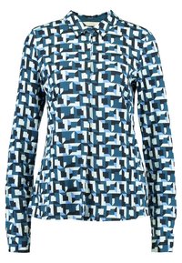 Long-sleeve shirt made of fabric with a geometric pattern in dark blue, light blue, and black. Features a button-up front and a collar.