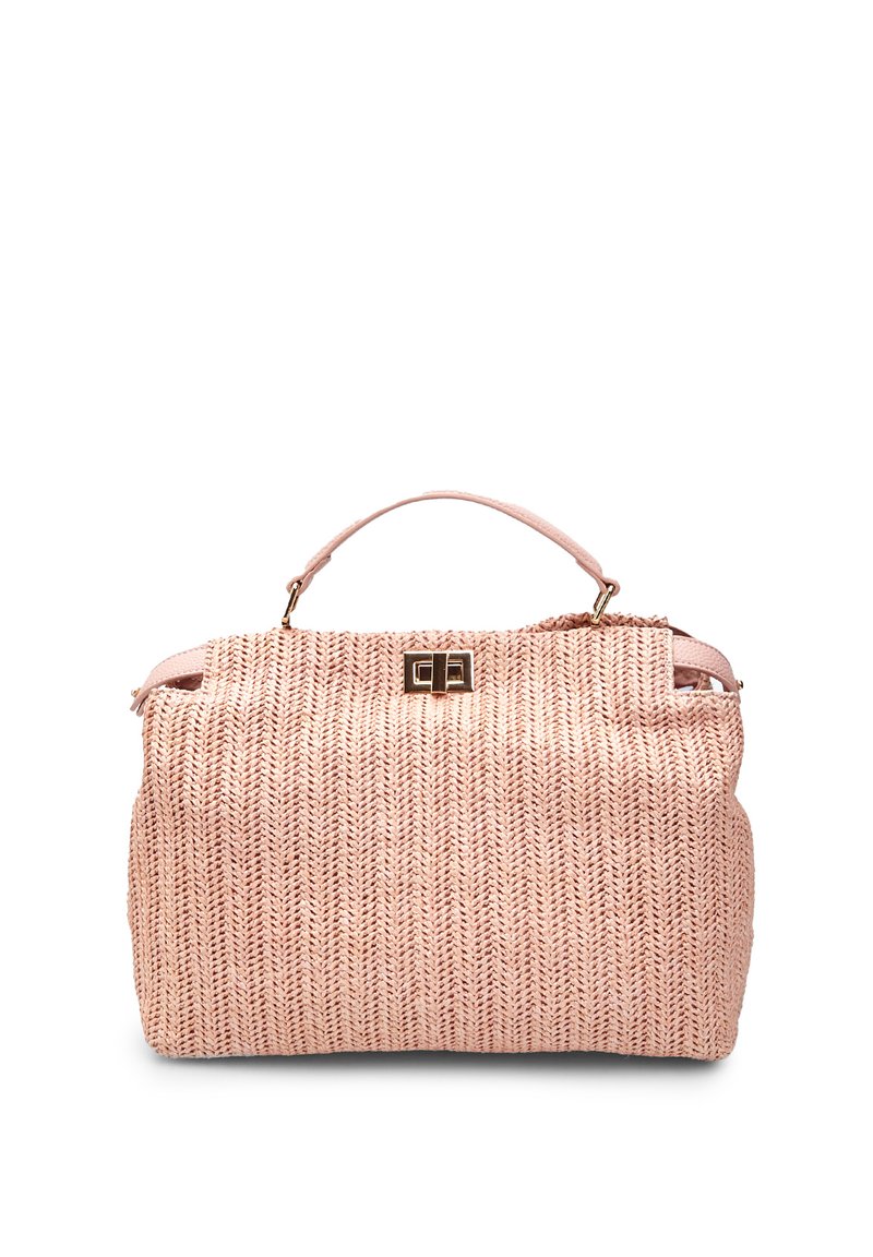Kudottu vaaleanpunainen käsilaukku, jossa on jämäkkä muoto, yläkahva, kultainen hakas sekä rakenteellinen pinta. Sileä sisävuori.