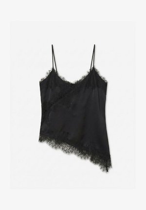 Schwarzes Satin-Camisole mit Spitzenbesatz entlang des Ausschnitts, Saums und der diagonalen Naht, mit dünnen verstellbaren Schulterträgern und asymmetrischem Saum.