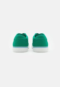Green canvas sneakers with white rubber soles, featuring a blue stripe along the sole and a padded collar for comfort.