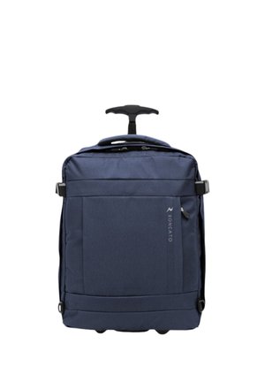 Valigia a mano blu navy con ruote, manico telescopico, tasca frontale con cerniera e cinghie di compressione laterali.