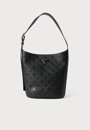 Zwarte leren hobo tas met een textuur, voorzien van reliëf bloemenpatronen, een enkele verstelbare schouderband en een logo plaatje aan de voorkant.