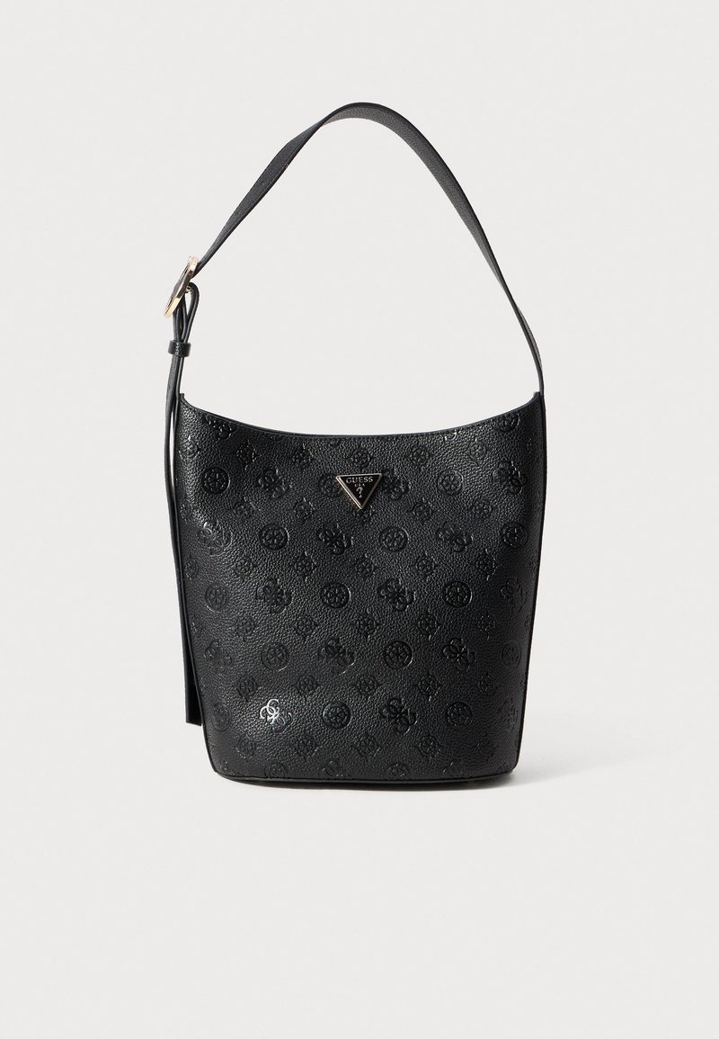 Black textured leather hobo bag with embossed floral patterns, a single adjustable strap, and a logo plaque in front.