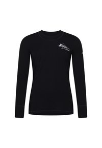 Schwarzes Langarmshirt mit rundem Halsausschnitt. Mit einem grauen Berggrafik auf der linken Brust und passender Naht. Aus weichem, dehnbarem Stoff.