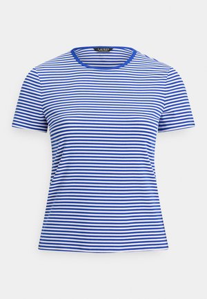Modré a biele tričko s krátkym rukávom, horizontálnymi pruhmi, okrúhlym výstrihom a priliehavým strihom, značka Lauren Ralph Lauren vo vnútri goliera.