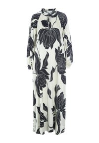 Robe florale à col montant, avec un schéma de couleurs noir et blanc, manches longues bouffantes et coupe ample, ornée de grands motifs floraux.