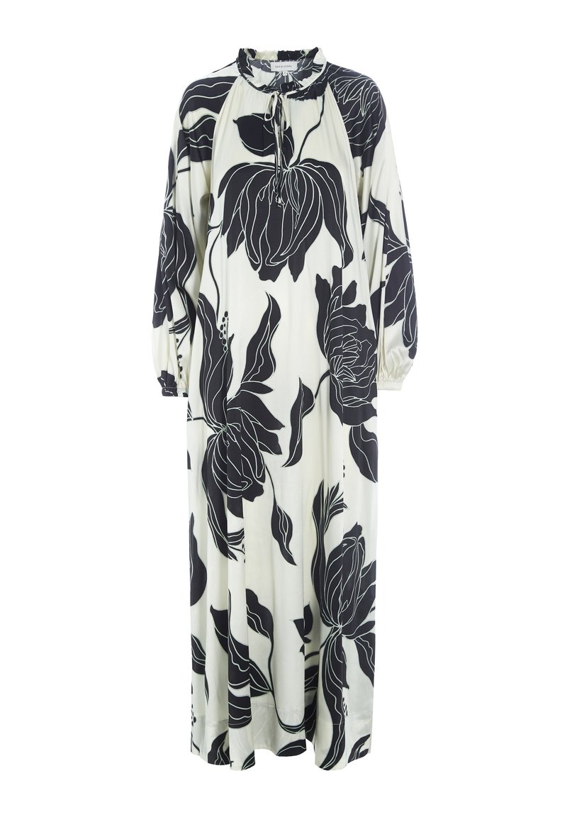 Robe florale à col montant, avec un schéma de couleurs noir et blanc, manches longues bouffantes et coupe ample, ornée de grands motifs floraux.