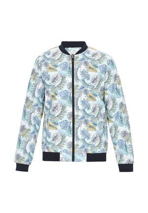 Lysblå bomberjakke med sort krave, manchetter og kant, der har et flerfarvet tropisk bladmønster og lynlås foran.