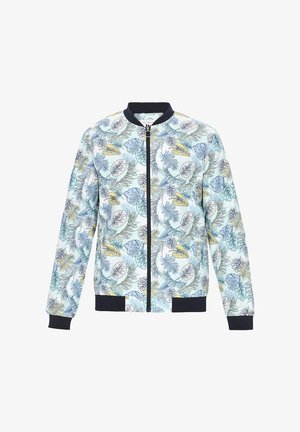 Hele sinine bomber-jakk musta kaeluse, mansettide ja alumise äärega, millel on mitmevärviline troopilise lehe muster ning ees lukuga sulgemine.