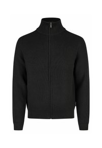 Schwarzer gerippter Reißverschluss-Pullover mit hohem Kragen, langen Ärmeln und figurbetonter Passform. Verfügt über einen Reißverschluss vorne sowie gerippte Bündchen und Saum.