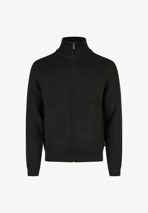 Pull-over noir à côtes avec fermeture éclair et col montant, manches longues et coupe ajustée. Comprend une fermeture éclair à l'avant ainsi que des poignets et un ourlet côtelés.