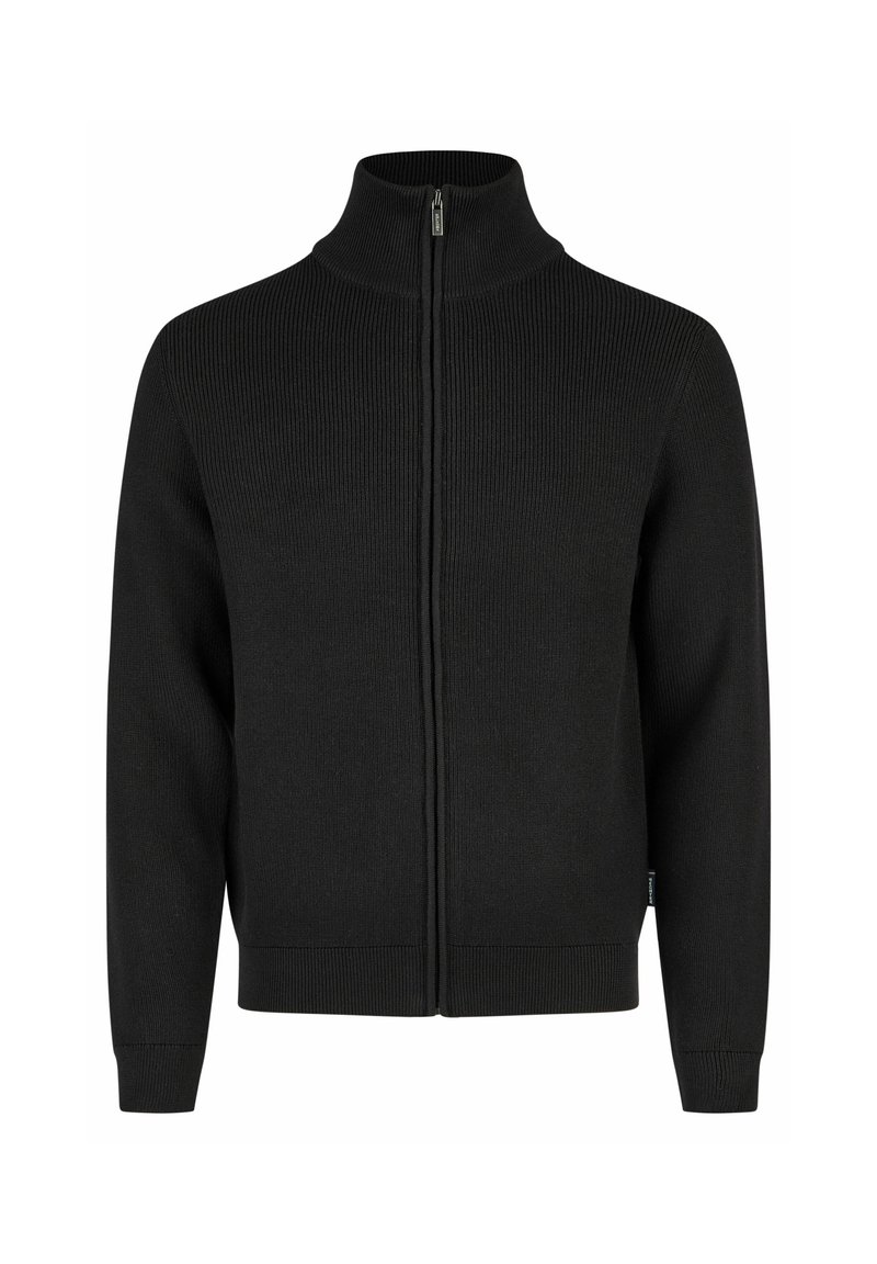 Schwarzer gerippter Reißverschluss-Pullover mit hohem Kragen, langen Ärmeln und figurbetonter Passform. Verfügt über einen Reißverschluss vorne sowie gerippte Bündchen und Saum.
