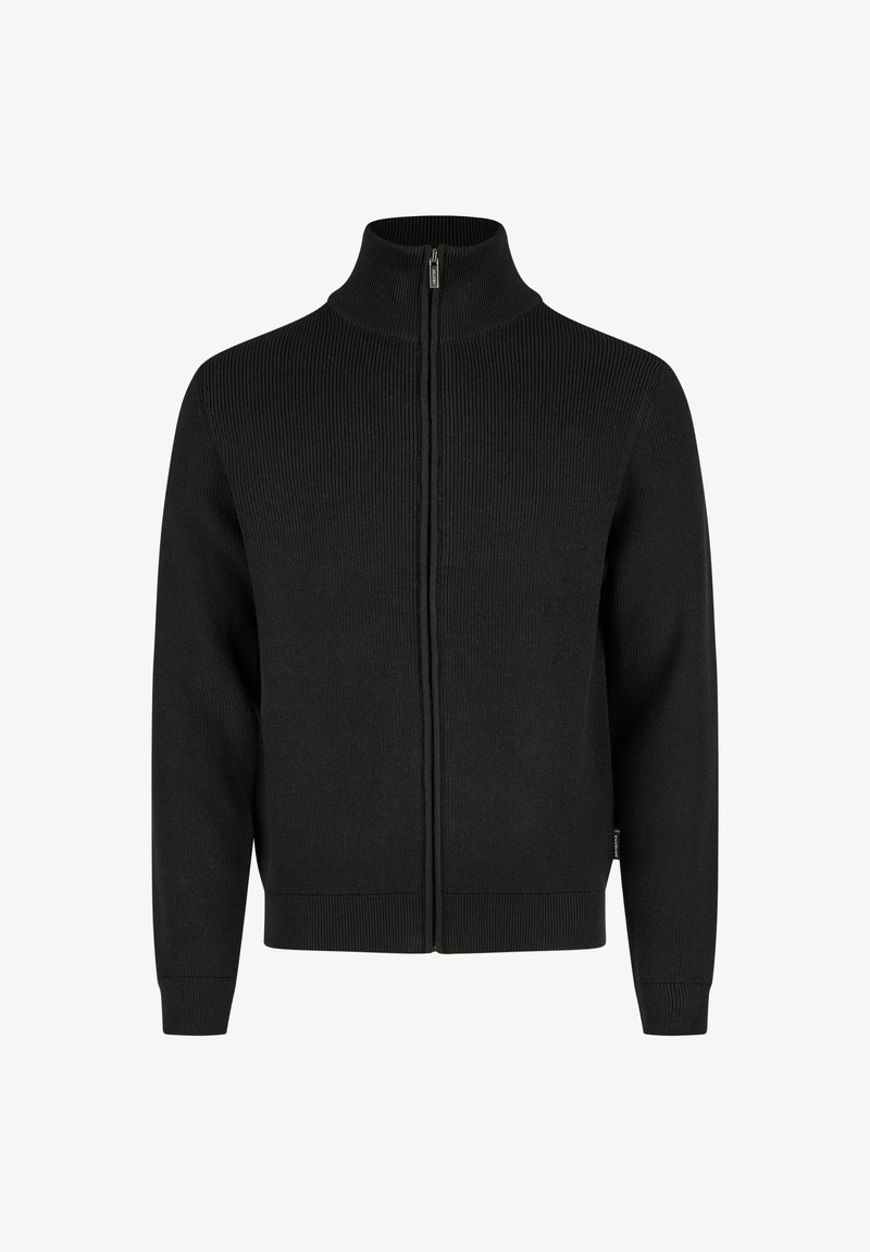 Schwarzer gerippter Reißverschluss-Pullover mit hohem Kragen, langen Ärmeln und figurbetonter Passform. Verfügt über einen Reißverschluss vorne sowie gerippte Bündchen und Saum.