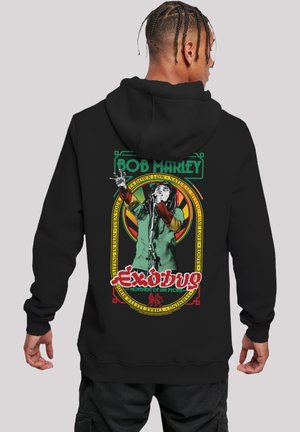 Black hoodie featuring a colorful Bob Marley graphic on the back, depicting him with raised hand, framed by red, green, and yellow accents.
