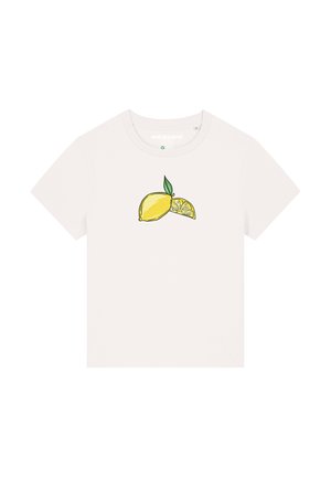 Witte katoenen T-shirt met korte mouwen, voorzien van een graphic van een hele citroen en een citroenschijfje, accentueert door een groene blad.