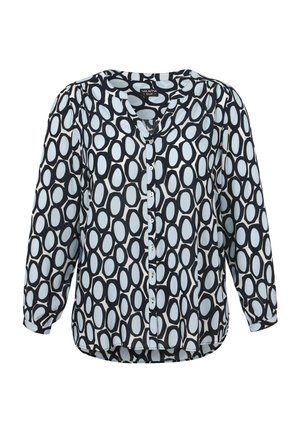 Marineblauwe blouse met een herhalend lichtblauw en wit ovaal patroon, voorzien van een V-hals, knopen aan de voorkant en driekwart mouwen.