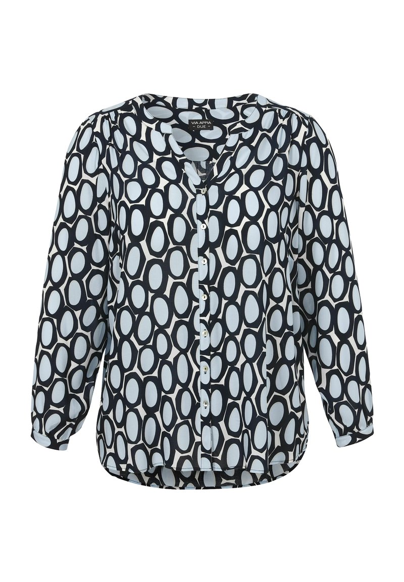 Dunkelblaue Bluse mit einem wiederkehrenden hellblauen und weißen ovalen Muster, mit V-Ausschnitt, Knöpfen auf der Vorderseite und Dreiviertelärmeln.