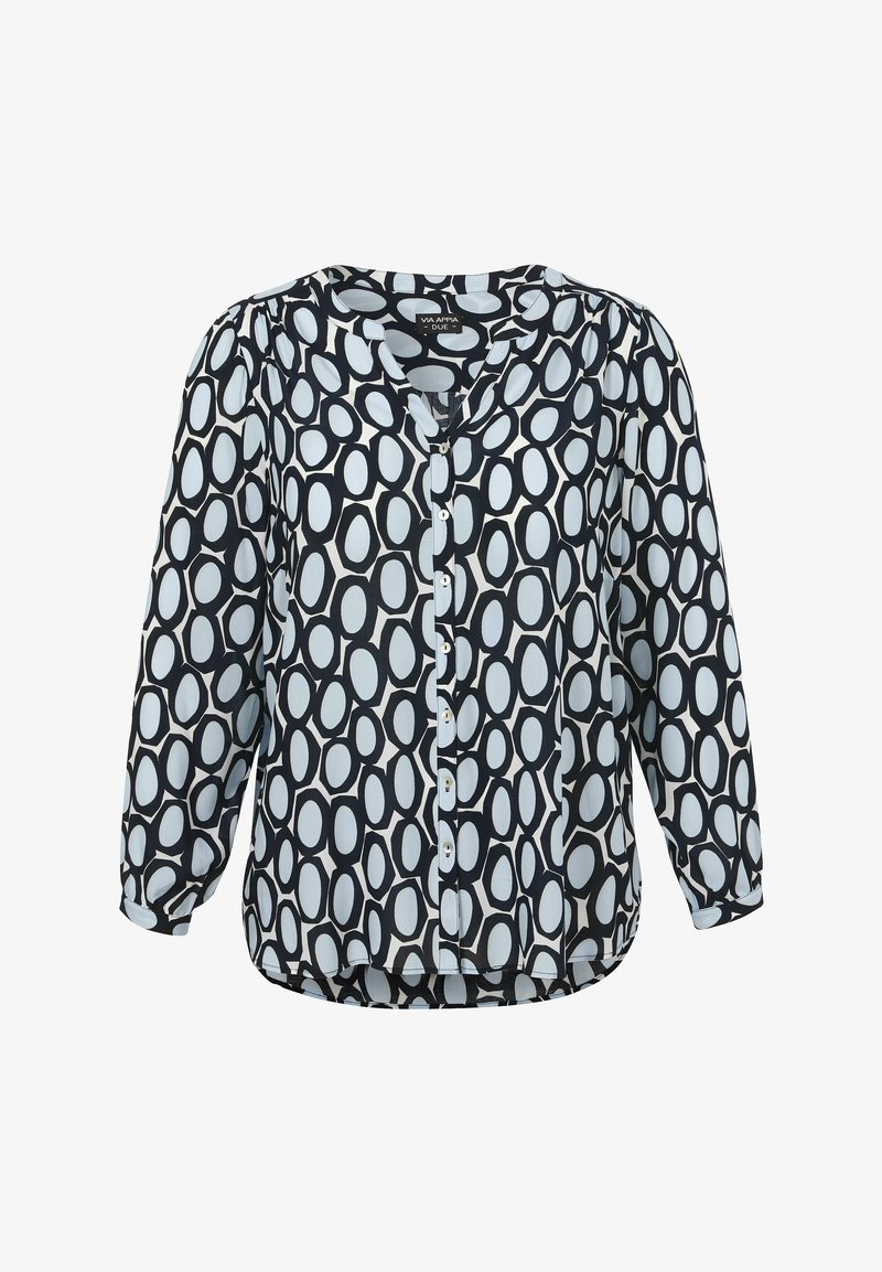 Navy blue blouse with a repeating light blue and white oval pattern, featuring a V-neck, front buttons, and three-quarter sleeves.