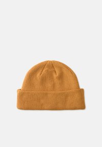 Knit beanie in mustard yellow, featuring a folded ribbed cuff, soft texture, and a rounded top. Simple, seamless design.