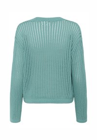 Maglione lavorato a maglia di colore teal con un design a rete aperta e morbida, dotato di maniche lunghe e bordo a coste, che mette in evidenza una texture leggera e confortevole.