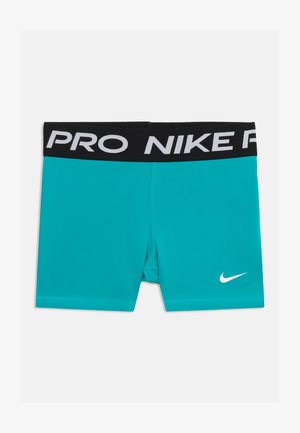 Shorts de compression athlétiques turquoise avec taille élastique noire comportant le texte blanc "NIKE PRO" et le logo Nike swoosh blanc sur la jambe gauche.
