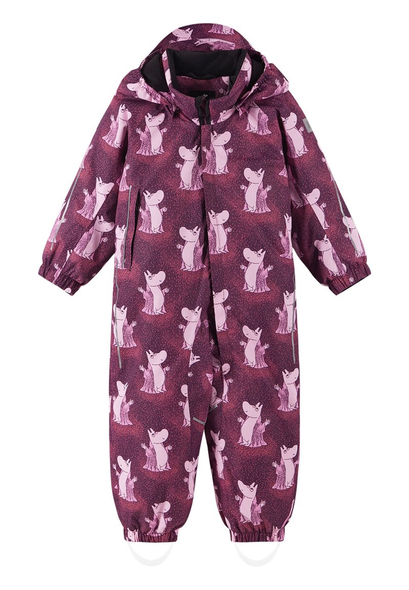 Lila vattentät overall med rosa tecknade figurer. Huva design med elastiska ärmslut. Dragkedjestängning och sidofickor. Mjuk textur.