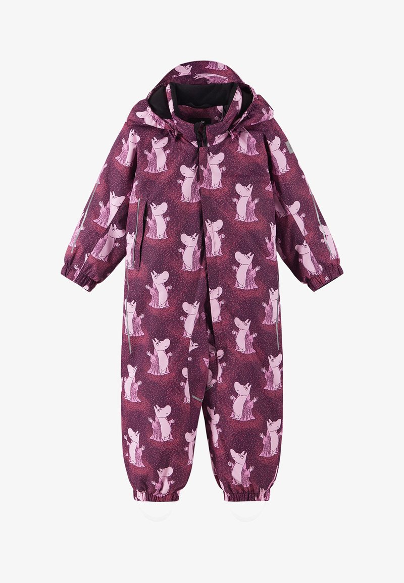 Lila vattentät overall med rosa tecknade figurer. Huva design med elastiska ärmslut. Dragkedjestängning och sidofickor. Mjuk textur.