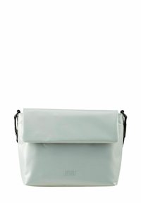 Borsa a tracolla rettangolare grigia chiara con chiusura a pattina e tracolla nera regolabile, logo del marchio impresso sul davanti.