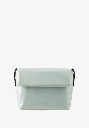Borsa a tracolla rettangolare grigia chiara con chiusura a pattina e tracolla nera regolabile, logo del marchio impresso sul davanti.