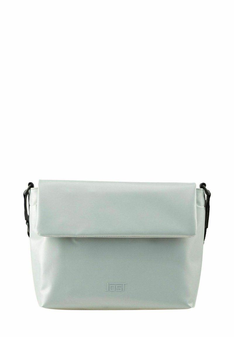 Borsa a tracolla rettangolare grigia chiara con chiusura a pattina e tracolla nera regolabile, logo del marchio impresso sul davanti.